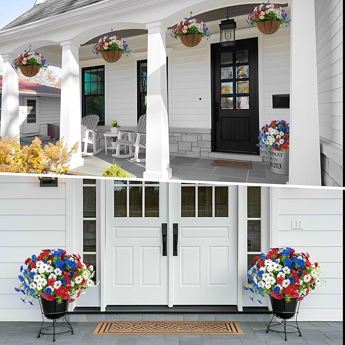 Hananona 2 Set Artificial Outdoor Flowers with Hanging Basket, 2 Hanging Planters with 24 Pcs Flowers for Summer Front Porch Garden Patio 4th of July Home Decor (2, Red, White, Blue)