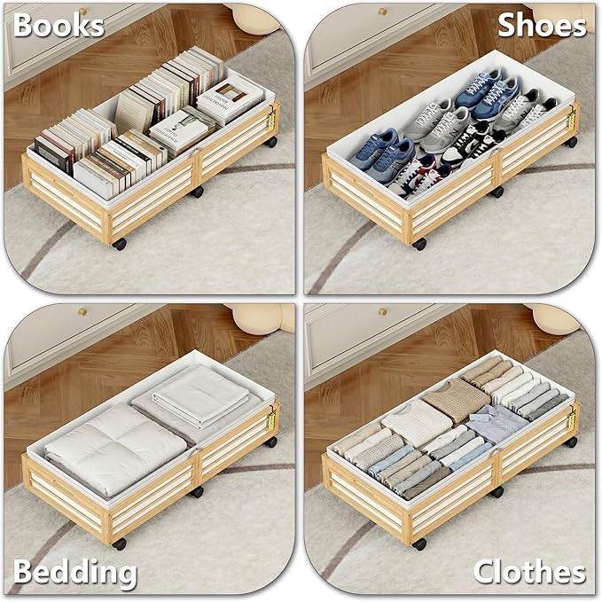 Under Bed Storage Containers with Wheels, Larger Bamboo Wood Under Furniture Storage Containers with Dust Bags，Rolling for Shoes Clothes