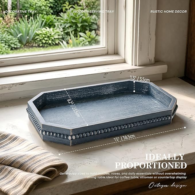 EOSAHR Rustic Decorative Tray with Beaded Edge for Room Decor - Retro Wooden Serving Tray Display for Coffee Table, Makeup Vanity - Farmhouse Decor Kitchen Table Accessories Essentials (Blue)