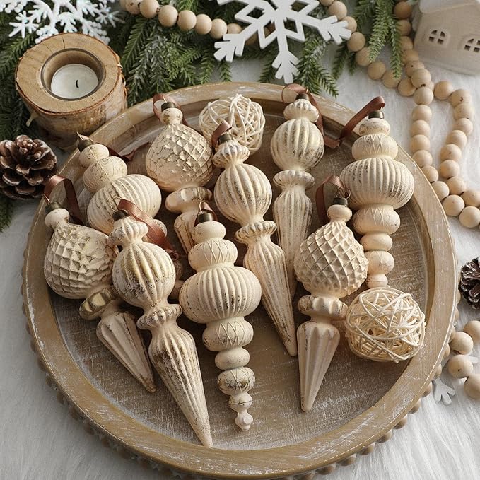Yunlly 9 Pcs Neutral Christmas Ornaments Textured Christmas Tree Decor with Hanging Loop Modern Brown Hanging Ornaments Finial Shatterproof Decor for Xmas Vintage Rustic Farmhouse (Retro White)