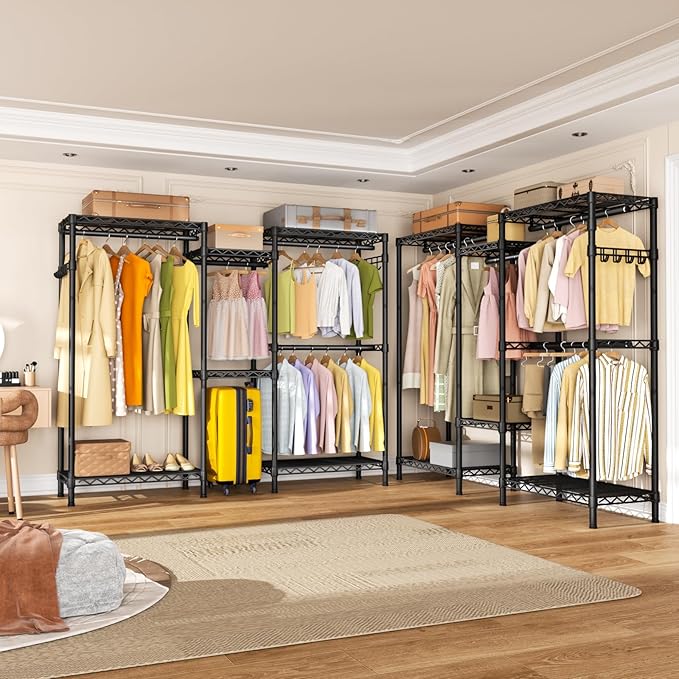 Heavy Duty Garment Rack Clothes Rack,Large Metal Closet Organizer System Storage Wardrobe,Freestanding Clothing Rack Black 15.75" D x 77.5" W x 77" H