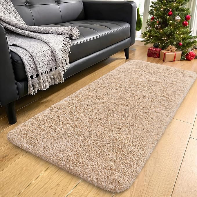 OLANLY 2x5 Machine Washable Runner Rugs for Hallway, Soft Fluffy Shaggy Bedside Rugs for Bedroom, Living Room, Indoor Floor Carpet for Kids Girls and Boys, Nursery Rooms, Home Decor Aesthetic, Beige