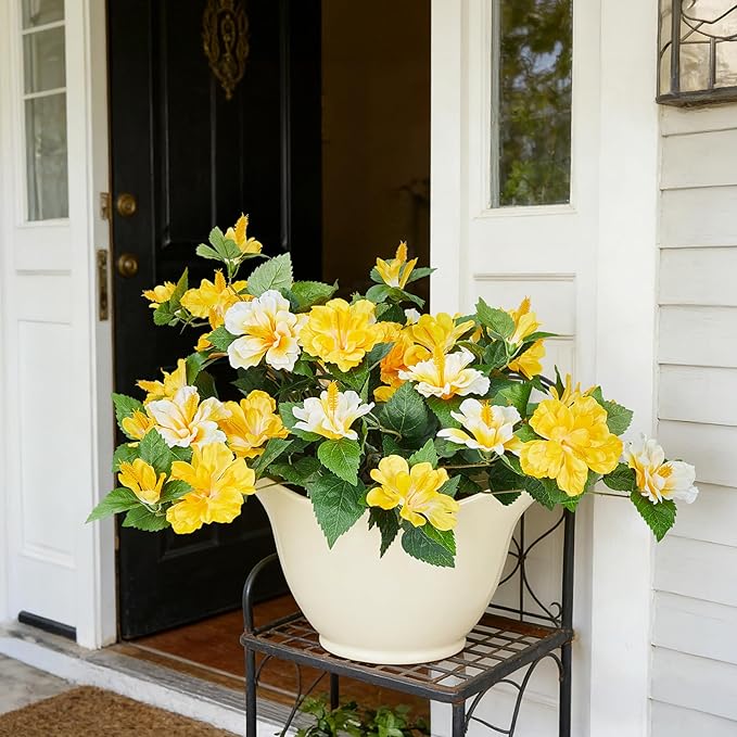Artificial Flowers for Outdoors Indoors,2 Bunches Fake Hibiscus with Realistic UV Resistant Silk Flower Fabric Leaves,Faux Plants Outside for Home Patio Garden Yard Poch Decor(Yellow,White)