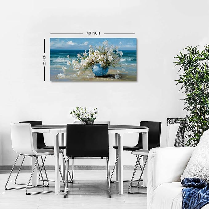 AIYISU Vintage Flowers Canvas Wall Art White Blossom Painting Retro Flowers in Blue Vase Pictures Blue Ocean Coastal Landscape Prints Poster Floral Artwork for Bathroom Bedroom Home Decoration 20x40
