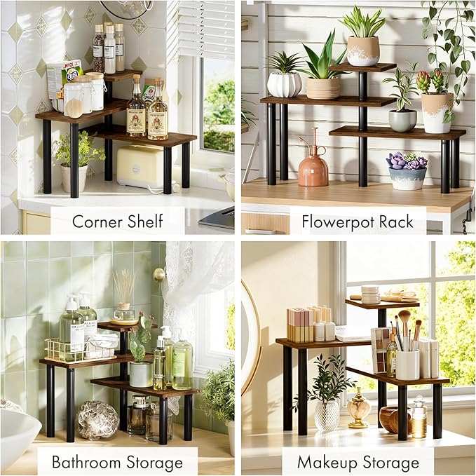 3-Tier Corner Countertop Organizer – Kitchen Counter & Bathroom Vanity Organizer, Coffee Bar Corner Shelf, Spice Rack Stand, L-Shaped Space-Saving Storage, Rustic Brown and Black, Wood
