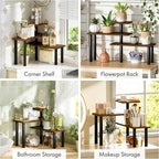 3-Tier Corner Countertop Organizer – Kitchen Counter & Bathroom Vanity Organizer, Coffee Bar Corner Shelf, Spice Rack Stand, L-Shaped Space-Saving Storage, Rustic Brown and Black, Wood