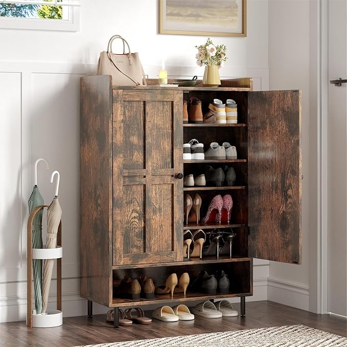 ONBRILL Shoe Storage Cabinet with Cross Molding Doors, 6-Tier Shoe Cabinet with 3 Adjustable Shelves and Metal Legs, 45 Inch Tall Shoes Rack Organizer Cabinet for Entryway, Front Door, Rustic Brown