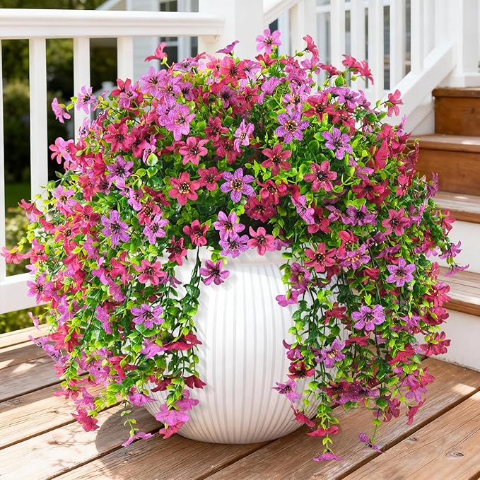 Artificial Hanging Flowers for Outdoors, 2 Pcs Fake Hanging Plant Spring Summer Decoration, UV Resistant No Fade Faux Flower for Porch Patio Yard Window Home Decor(Light Purple Red)