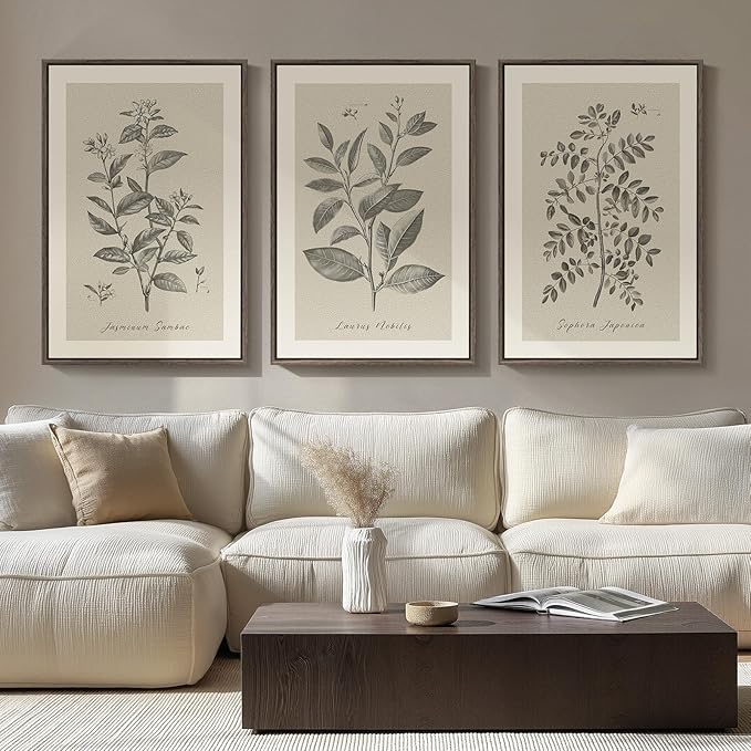 Large Framed Botanical Wall Art for Living Room, 3 Piece Neutral Plant Canvas Painting Prints Artwork for Farmhouse Walls, Vintage Floral Pictures for Bedroom Kitchen Hallway Wall Decor, 20x30 Inch