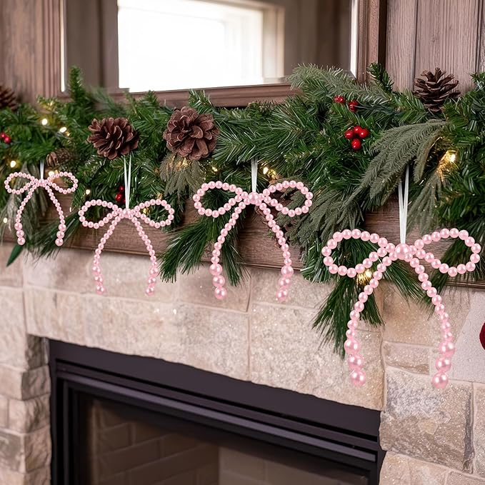 VioraWhite 12 Pcs Pearl Bow Ornaments Bowknot Tree Topper Decor Hanging Ornament Pendant Gift for Wedding Birthday Party Indoor Decoration (Pink)