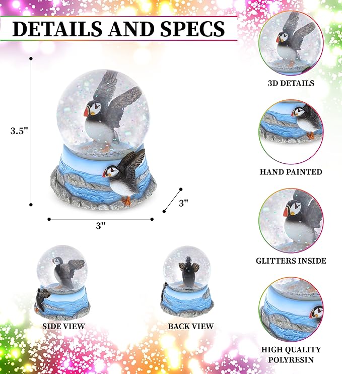 CoTa Global Puffin Snow Globe - Sparkly Water Globe Figurine with Sparkling Glitter, Collectible Novelty Ornament for Home Decor, for Birthdays, Christmas, and Valentine's Day - 65mm