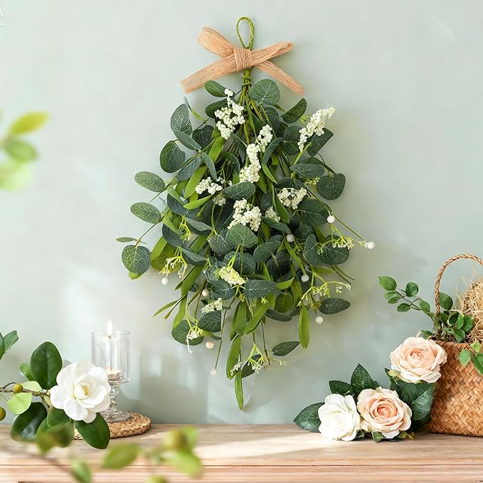 2 PCS 24'' Eucalyptus Teardrop Swag Wreaths Spring Summer Greenery Teardrop Swags for Front Door Artificial Farmhouse Green Hanging Swags with Berry Ribbon for Wedding Porch Wall Window Cabinet Decor