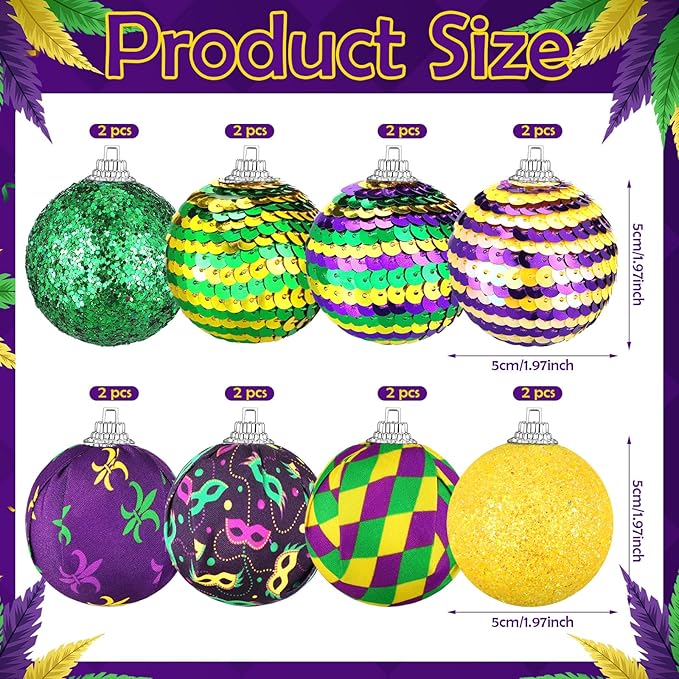 Zeyune 16 Pcs Mardi Gras Ball Ornaments 1.97" Mardi Gras Hanging Sequin Balls Decorations Purple Yellow Green Crown Mask Glitter Hanging Ornaments for Tree Carnival Holiday Party Favors