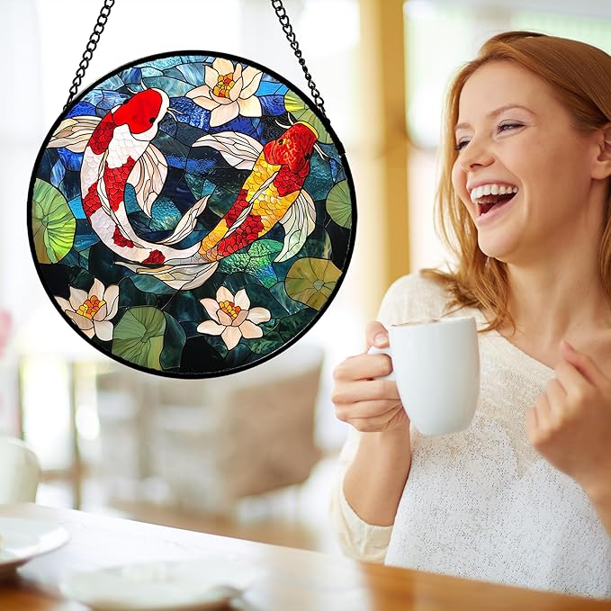 Stained Glass Window Hanging, Koi and Lotus Sun Catcher for Door Home Decor Fish Suncatcher Christmas Mother's Day Birthday Gifts for Women Men Mom and Nana 15 in