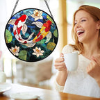 Stained Glass Window Hanging, Koi and Lotus Sun Catcher for Door Home Decor Fish Suncatcher Christmas Mother's Day Birthday Gifts for Women Men Mom and Nana 11.8 in