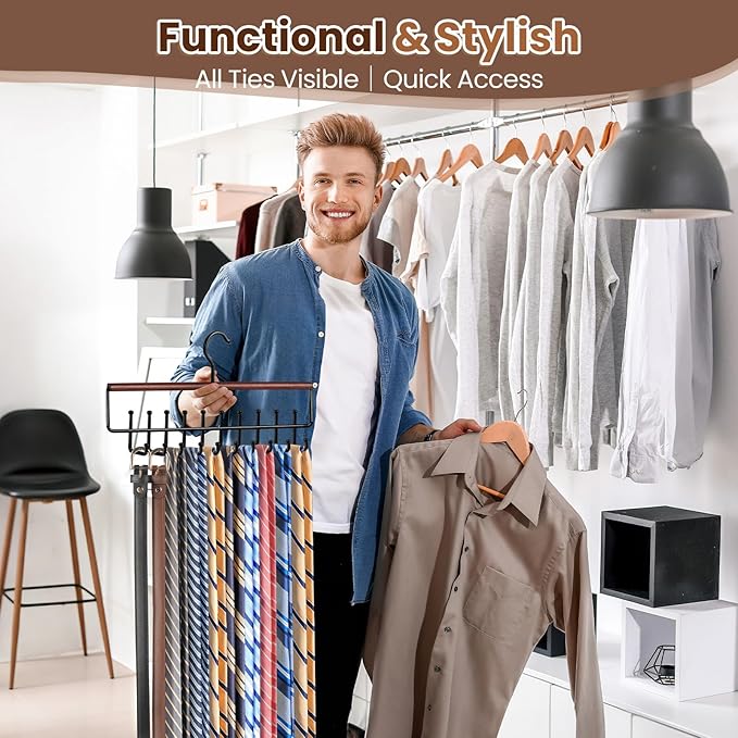 Tie Rack Hanger for Closet Upgraded 2-in-1 Tie and Belt Hanger Non Slip Tie Rack with 20 Hooks Tie Hanger Space Saving Wooden Belt Tie Organizer for Tank Tops Bras Cami Scarves, Walnut Color