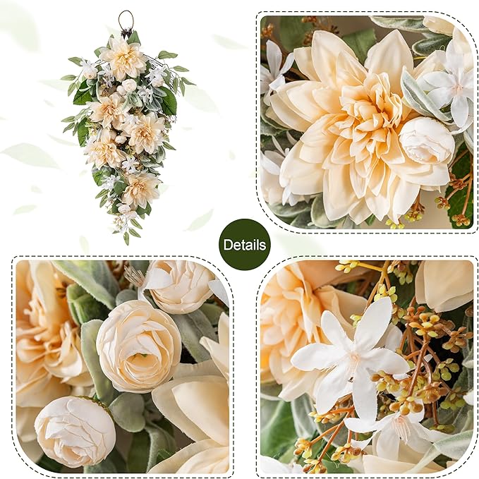 Glitzhome Peach Dahlia Floral Teardrop Swag 28" Artificial Spring Teardrop Swag Wreath for Front Door Porch Wall Window Decor