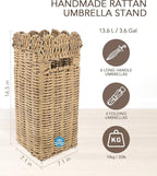 Woven Umbrella Stand for Entryway, PE Rattan Umbrella Holder Basket with Removable Drip Tray, Scalloped Square Cane Stand for Umbrellas, Walking Sticks, Wrapping Paper, Farmhouse Porch Decor, 16.5"