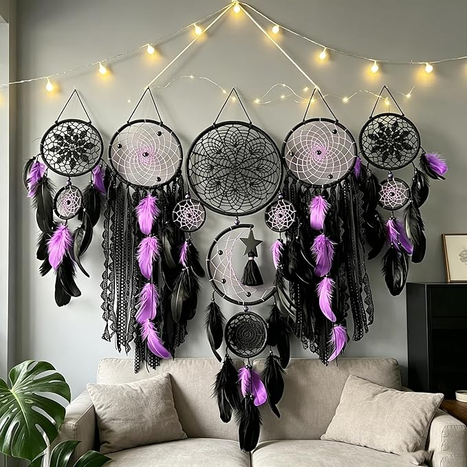 Set of 5 Boho, Hanging Large Boho Dream Catcher Wall Hanging Moon Dream Catcher Set Dream Catchers Wall Decor for Vintage Wedding Home Decorations (Black Purple)
