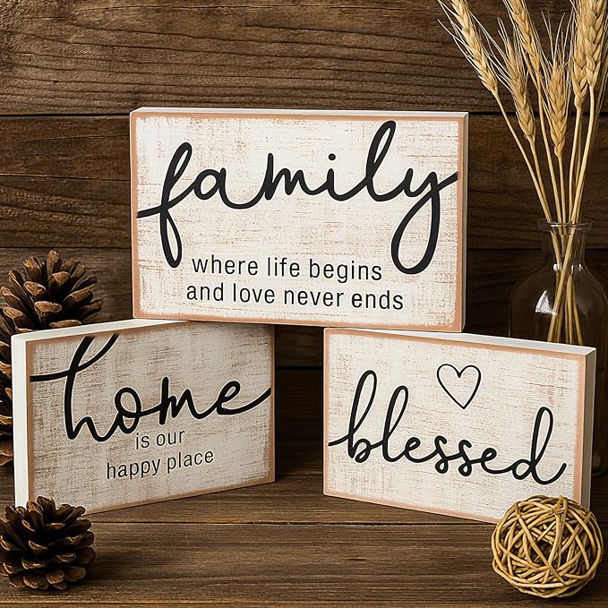 Jetec 3 Pcs Wooden Family Sign Rustic Blessed Home Wall Art Mini Wood Wall Decor Farmhouse Table Shelves Decoration Sign for Bedroom Kitchen Living Room Table Decor (Retro Color,7 x5 x 0.59 in)