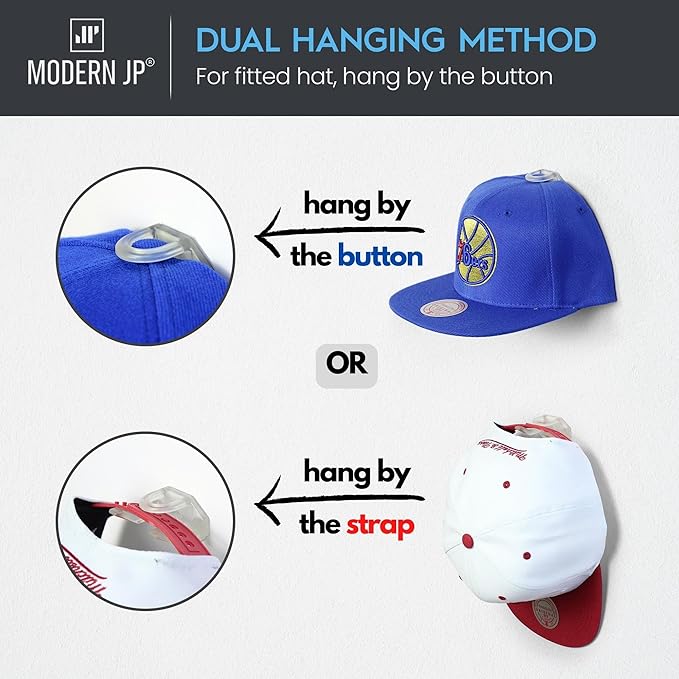 Modern JP Adhesive Hat Hooks for Wall (16-Pack) - Hat Rack for Baseball Caps, Minimalist Hat Display, Strong Hold Hat Hangers for Wall - USA Patented, Clear