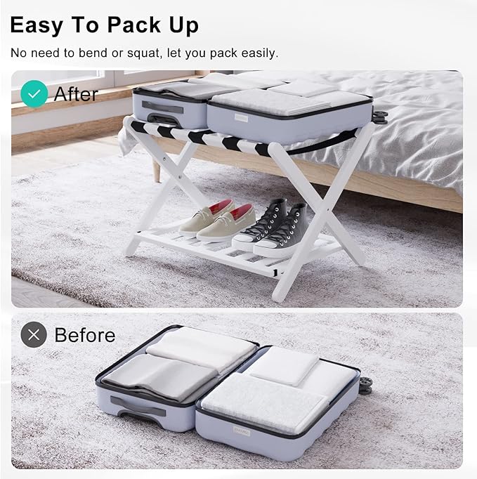 Smuxee Fully Assembled White Luggage Rack Pack of 2, Bamboo Foldable Suitcase Stand with 5 Nylon Straps, Luggage Holder with Shelf for Guest Room Bedroom Hotel