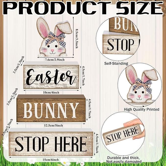 Moucuny 4 Pcs Easter Bunny Table Decoration Stacked Wooden Bunny Block Decor 3-tier Tabletop Sign with 3D Rabbit, Rustic Farmhouse Easter Decorations for Home Egg Hunt Party Centerpiece Gift