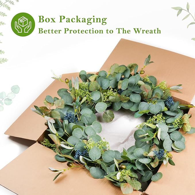 22 Inch Eucalyptus Wreath with Olive Leaves and Berries All Year Round, Handmade Green Spring Summer Wreaths for Front Door Indoor Outdoor Wedding Holiday