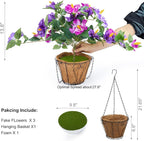 Artificial Flowers for Outdoors Indoors,3 Bunches Fake Hibiscus with Hanging Basket Realistic UV Resistant Silk Flower Leaves,Faux Plant for Outside Home Patio Garden Poch(Purple,Fuchsia)