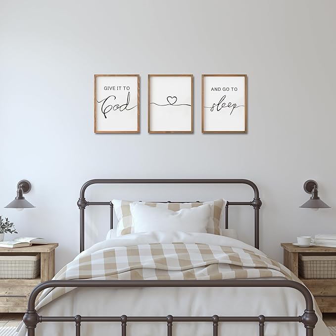 Set of 3 Framed Farmhouse Give it to God and Go to Sleep Signs Above Bed Wall Decors for Bedroom Wood Signs (Brown, 16"x24")