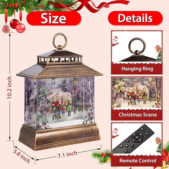 Christmas Snow Globe Lantern Water Glittering Lantern with 8 Songs & 6H Timer Romote Control Christmas Snow Globes USB & Battery Operated for Christmas Festival Decorations Gifts (Christmas Carol)