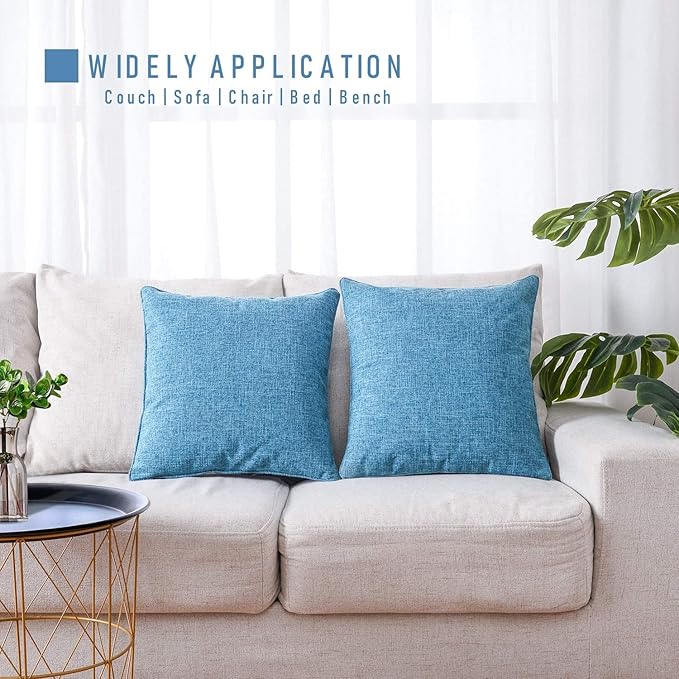 HPUK Linen Throw Pillow Covers Pack of 2, 16x16 Inch Accent Cushion Covers for Living Room, Bedroom, Decorative Solid Color Pillow Covers for Couch, Sofa, Chair, Aqua Blue