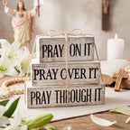 Yuntau 4 Pcs Farmhouse Wooden Tabletop Decor Bible Verse Tiered Tray Decorations Rustic Religious Christian Gift Block Sign Pray on It Centerpiece for Easter Home Kitchen Shelf Office Desk Decor