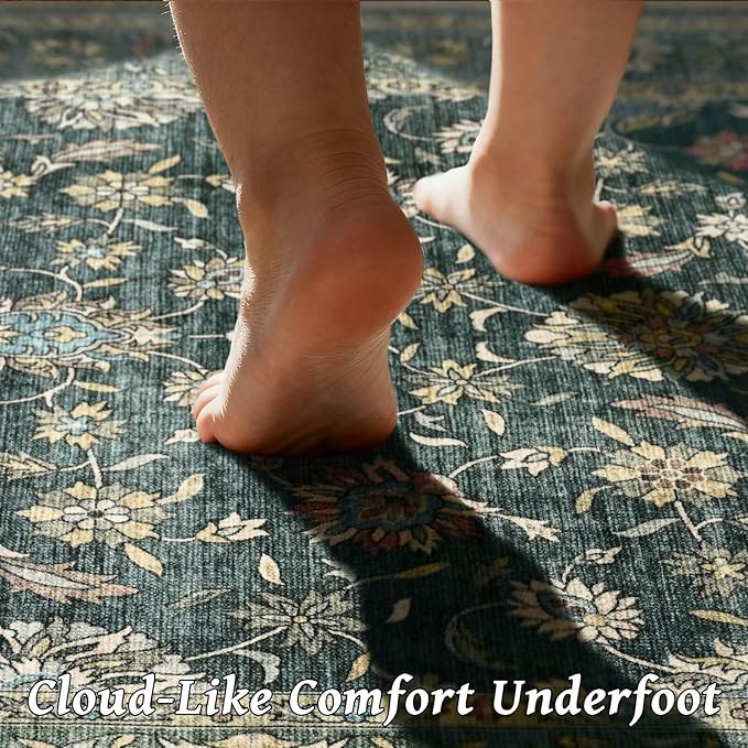 Washable 5x7 Area Rugs for Living Room, Boho Non-Slip Vintage Distress Rugs for Bedroom Dining Room Nursery Office, 0.3" Neutral Oriental Throw Thin Carpet with Cushioning Pad, Sage Green/Blue/Multi