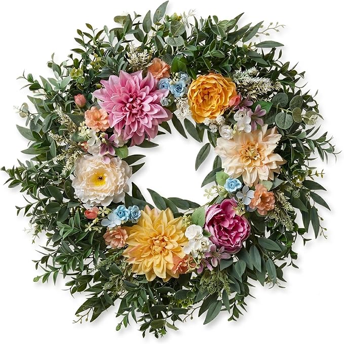 Somikis 24 Inch Front Door Wreath, Large Artificial Flowers Wreath with Silk Peony Dahlia Eucalyptus, Realistic Greenery Welcome Floral Wreath Decor All Year Round for Inside Outside Wall Entryway