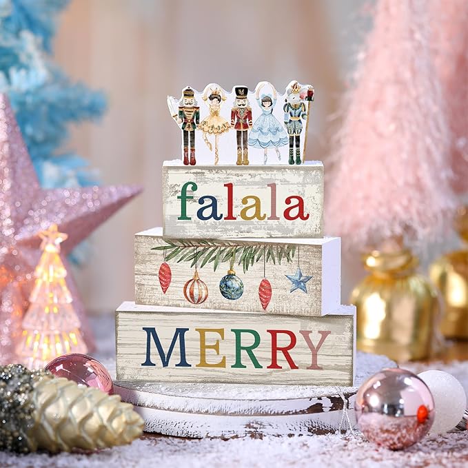Lineshading 4 Pcs Christmas Table Decorations Wooden Nutcracker Fairy Ballet Merry Christmas Table Centerpiece Decorative Soldier Fairy Ballet Block Signs Gift for Xmas Home Kitchen Tier Tray Decor