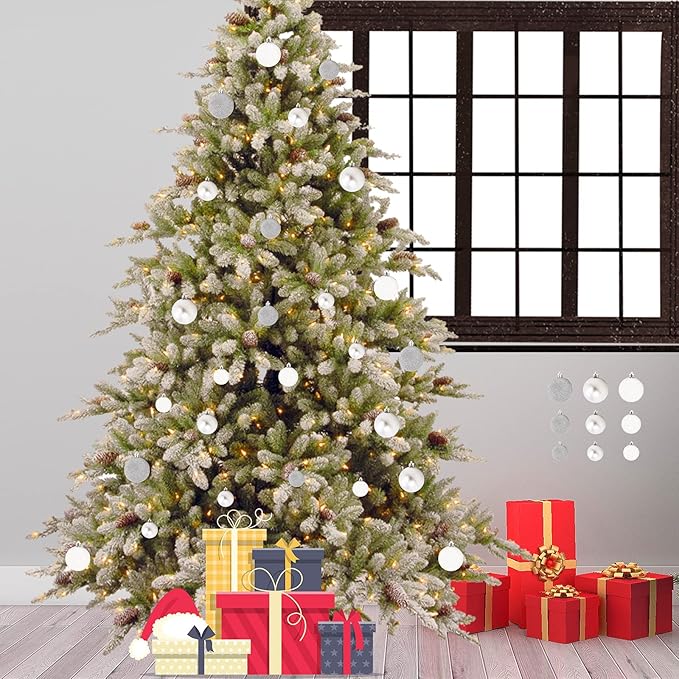 Emopeak 24Pcs Christmas Balls Ornaments for Xmas Christmas Tree - 4 Style Shatterproof Christmas Tree Decorations Hanging Ball for Holiday Wedding Party Decoration (Silver, 1.3"/3.2CM)
