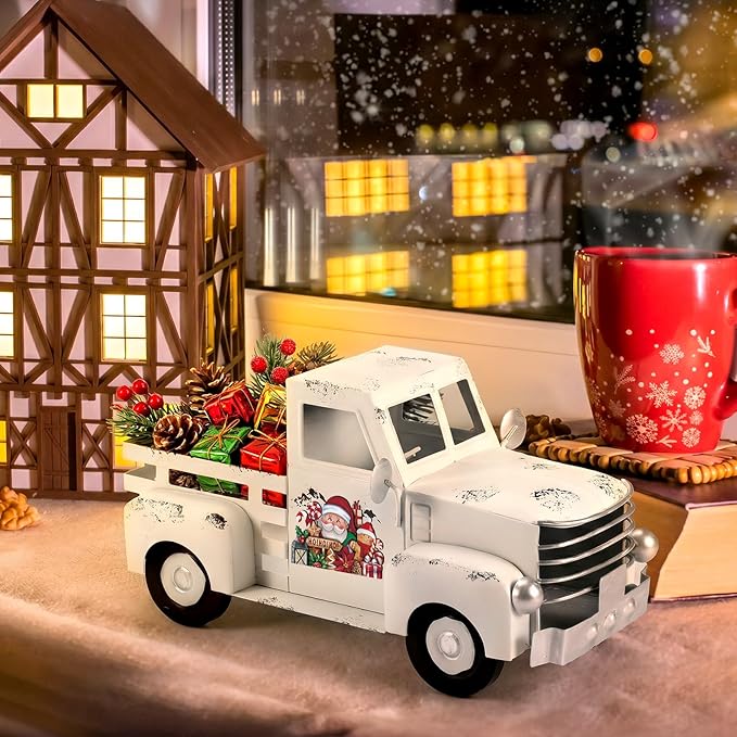 Threehoney Farmhouse Truck Decor 12.2 Inch Vintage White Metal Truck with 16 Magnet Patriotic Table Decoration Summer Centerpieces for Home Kitchen 4th of July Holiday Interchangeable Decor