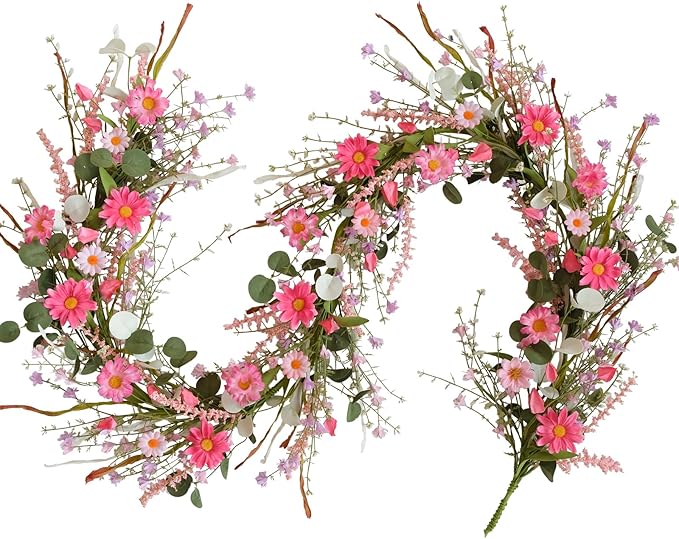 TEMPUS 5.9ft Spring/Summer Flower Garland, Artificial Daisies Wildflower Leaves Garland,Garlands for Decoration for Indoor Outdoor Farmhouse Window Wall Wedding Background Home Party Decor