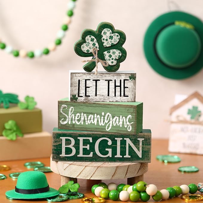 Lineshading 4 Pcs St Patricks Day Table Decor Wooden Shamrocks St Patrick's Day Tiered Tray Decor Irish Centerpiece Green Lucky Shamrocks Block Signs for Saint Patty's Party Home Kitchen