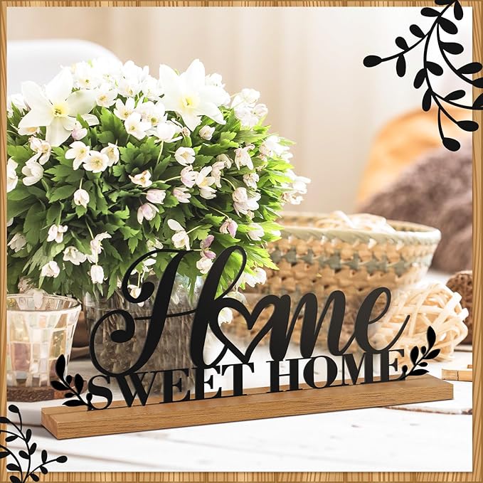 Teenyyou Home Sweet Home Sign House Table Decor Bless Centerpiece Black Metal Word Sign with Wooden Base for Sweet Family Tabletop Desk Decoration Housewarming Gift