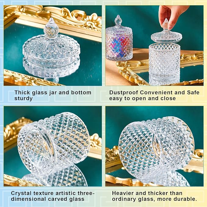 Aoriher 4 Pcs Crystal Glass Candy Jar Set with Lids Home Decorative Storage Jars for Apothecary, Bathroom, Kitchen, and Pantry, Ideal for Cotton Swabs and Jewelry(Medium,Clear)