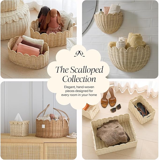 BEBE BASK Scalloped Wicker Wall Basket - The Original - Hand Woven Basket - Scalloped Décor Wall Hanging Baskets -16" x 10" x 7"In - Hanging Wall Basket (Natural)