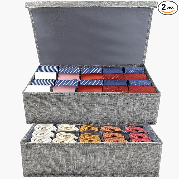 2 Pack Large Grid Sock Organizer Divider, 20 Cell with Lid, Fabric Foldable, Tie Organizer for Men for Storing Socks, Tie, Handkerchiefs, Belts (Grey)