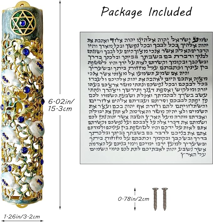 Hand Painted Mezuzah, Exquisite Enamel Mezuzah with Star of David and Blue Crystal Accent