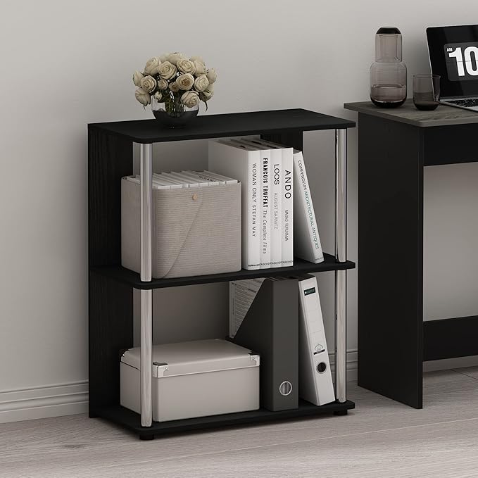 Furinno Jaya Simple Design 3-Tier Bookcase/Bookshelf/Display Rack with Stainless Steel Tubes, Americano