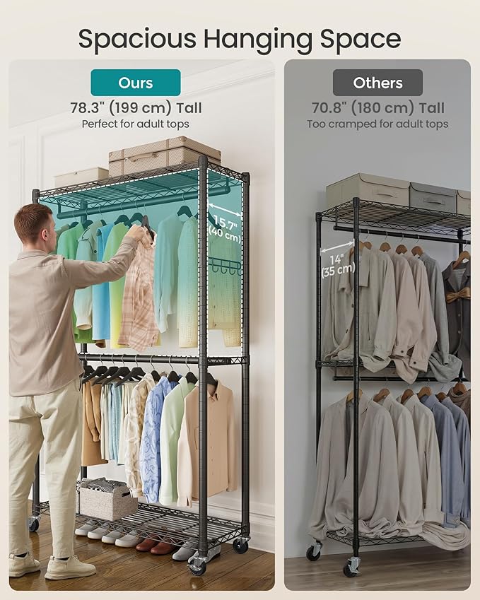 SONGMICS Heavy-Duty Rolling Clothes Rack, Garment Rack, Portable Closet on Wheels, with Adjustable Mesh Shelves and Hanging Rails, Hooks, 15.8 x 43.3 x 78.3 Inches, Ink Black ULGR417BH01