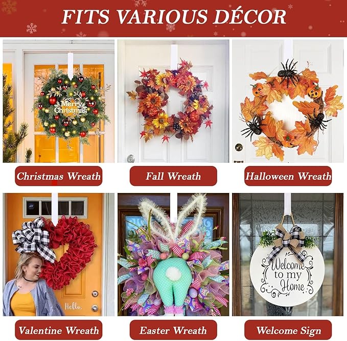 12" Metal Wreath Hanger for Front Door, Non-Scratch, 2 Pack White Wreath Hanger Heavy Duty, Over-the-Door Hooks for Hanging Welcome Sign, Wreath Holder for Easter, Halloween, Christmas Decorations