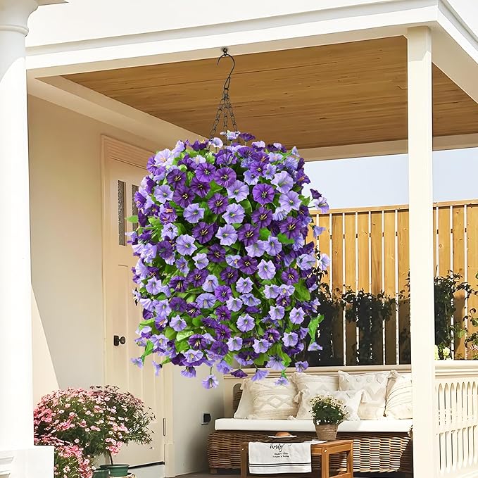 Homsunny Artificial Fake Hanging Flowers Plants Baskets for Outdoor Spring Summer Decorations,Faux Morning Glory Silk Flower for Outside UV Resistant Patio Yard Home Porch Decor(Purple)