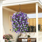 Homsunny Artificial Fake Hanging Flowers Plants Baskets for Outdoor Spring Summer Decorations,Faux Morning Glory Silk Flower for Outside UV Resistant Patio Yard Home Porch Decor(Purple)